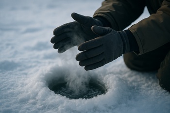 Gloved hands held over a steaming ice hole on a cold day