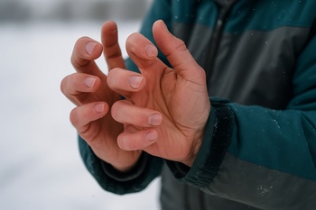 Angler flexing gloved fingers above the ice surface