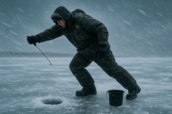 Angler leaning into strong wind on open ice with a sled rope in hand