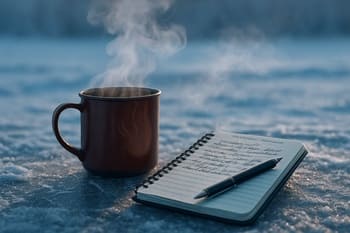 Notebook with a pen and a steaming mug inside an ice shelter
