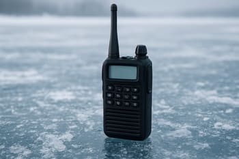 Handheld radio resting on frosty ice near a drilled hole