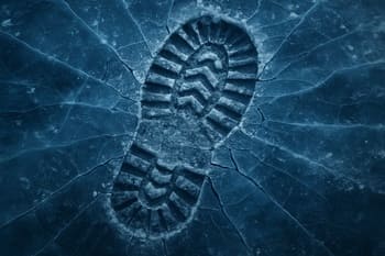 Boot prints and fine ice cracks around a freshly drilled hole