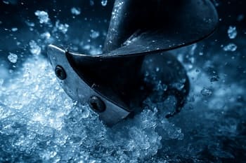 Close view of an ice auger bit shaving bright blue ice chips