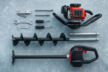 Set of ice auger parts and extensions laid out on clear black ice