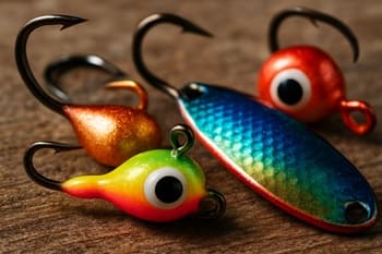 Macro view of bright winter lures resting on a frosted metal bench