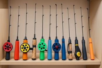 Row of short winter rods lined up on a dark shelf