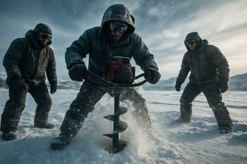Angler squad drilling fresh ice holes in a harsh crosswind