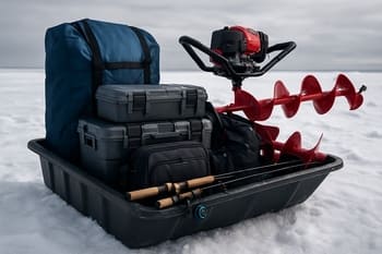 Low sled packed with winter rods, auger and dry bags on wind-scoured ice