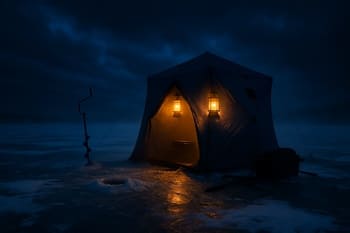 Compact night shelter glowing on a frozen lake with lanterns