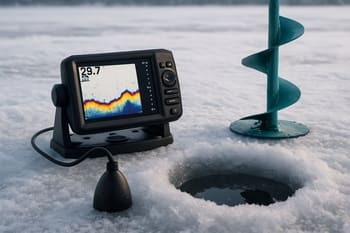 Ice sonar and power auger set up side by side on clear blue ice