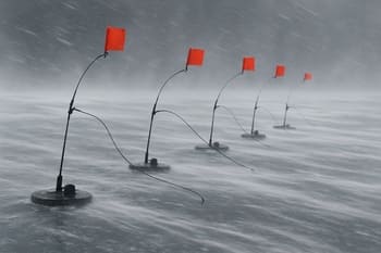 Straight crosswind line of drilled holes vanishing into blowing snow