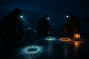 Lantern-lit trail of ice holes forming a loop on a deep basin
