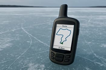GPS track line drawn across a frozen lake map on a device