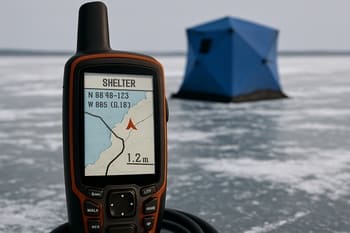 An ice shelter door with coordinates written next to it