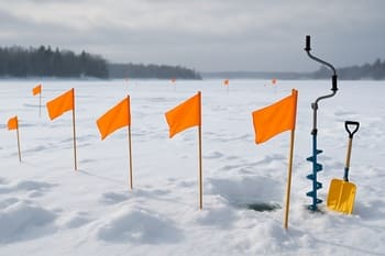 Bright safety flags marking drilled holes on a snow-covered lake