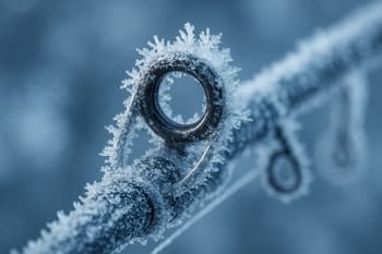 Close view of an ice rod tip covered in fine frost crystals