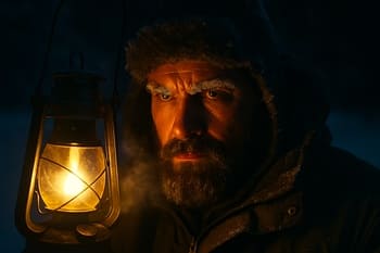 Angler in a hood, face lit by a lantern inside an ice shelter
