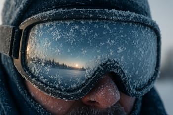 Close view of winter goggles with frost along the frame