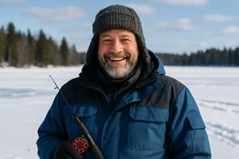 Smiling ice fishing guide standing next to a sled on packed snow