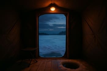 Ice shelter door open with warm light spilling onto blue ice