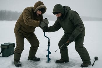 Two anglers kneeling over a single ice hole checking sonar