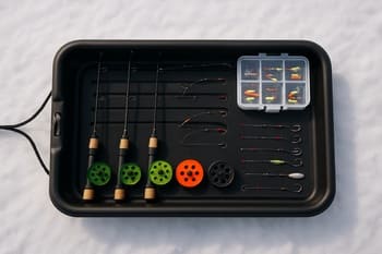 Compact sled layout with rods, auger and dry bags strapped tight