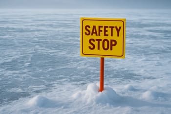 Angler pausing near a crack to check ice with a spud bar