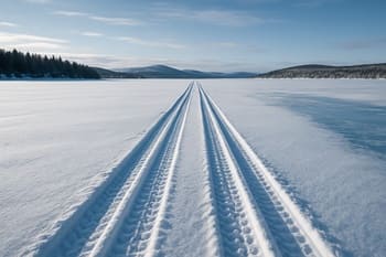Snowmobile tracks leading across wide open ice