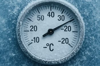 Close view of a thermometer lying on clear blue ice