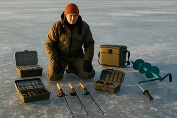 Ice gear laid out in a small circle of light on the dark ice surface