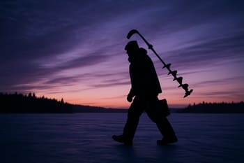 Angler walking along faint cracks on a frozen lake before dawn light