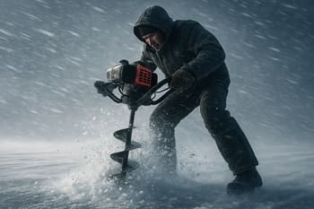 Angler drilling into crosswind with snow blowing sideways across the ice