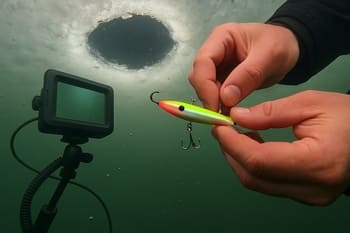 Closeup of a lure dropping into a test hole with blue ice around the edges